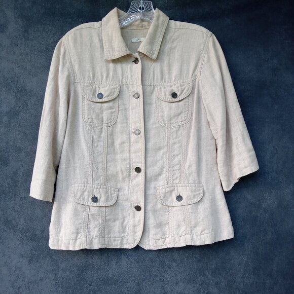 J.Jill LINEN Tan Khaki Layering Jacket Blazer Boho Bohemian Lagenlook Pockets - Picture 1 of 8